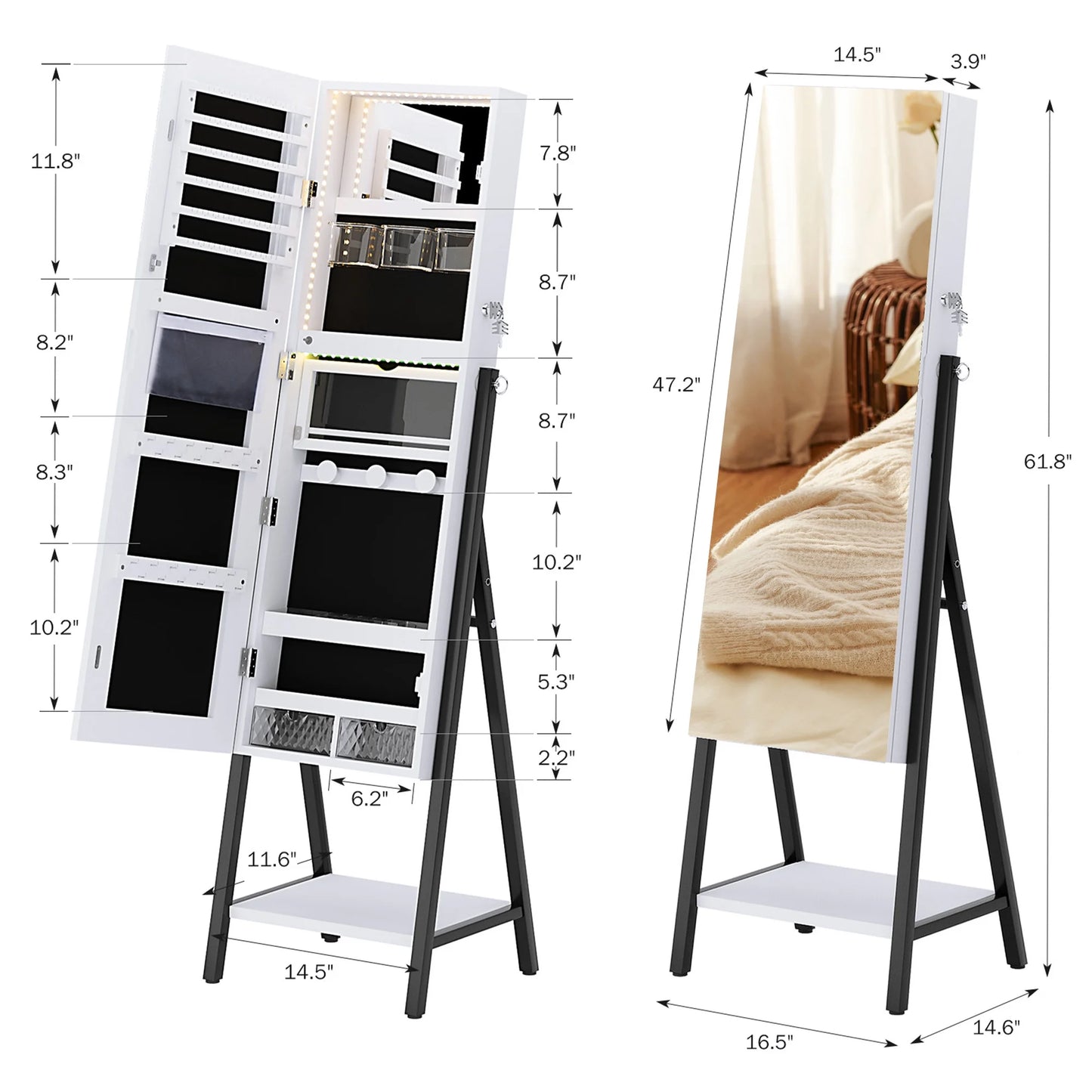 Full Mirror with Stand, Cheval Mirror Cabinet, Full Length Dressing Floor Mirror with LED Light Belt, White