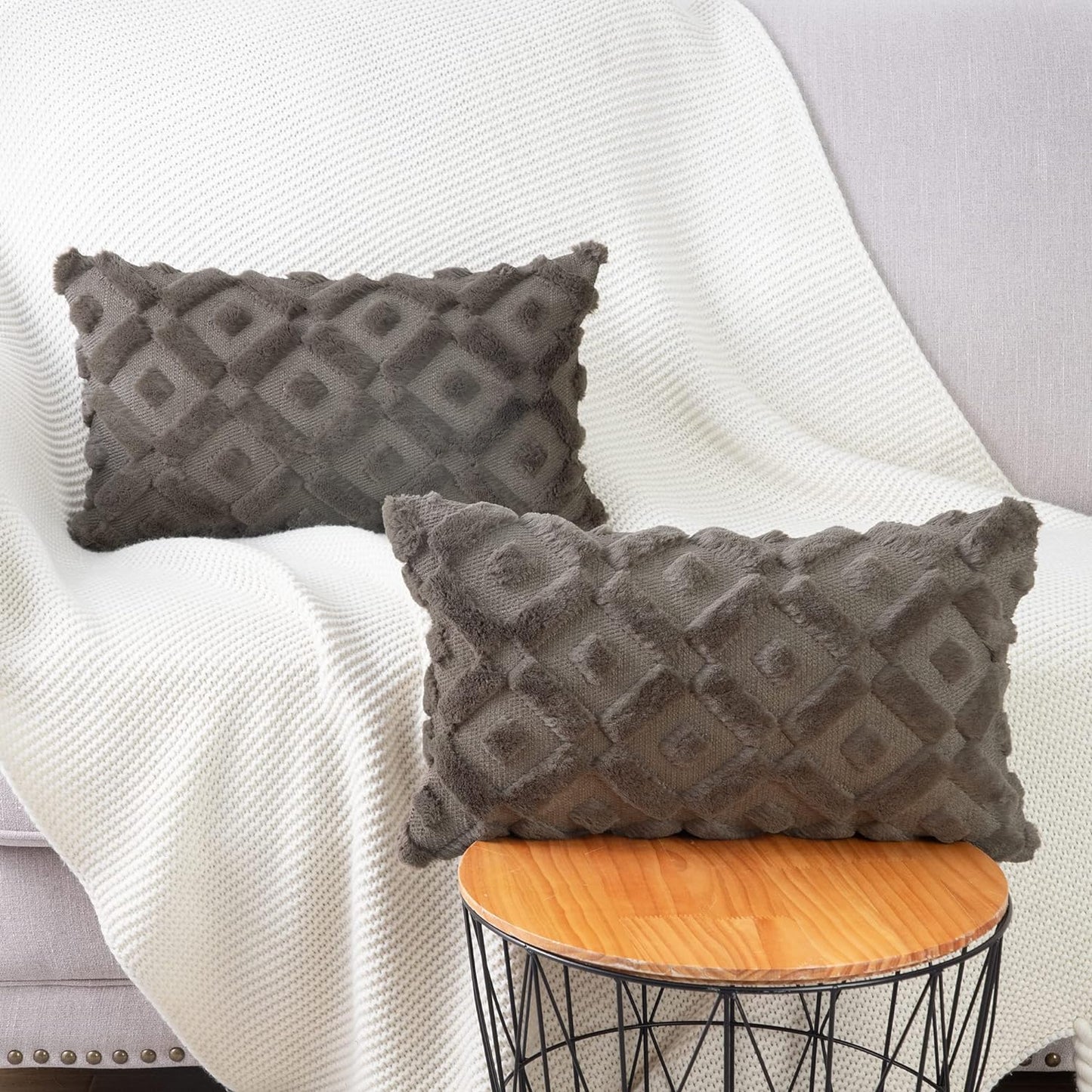 Set of 2 Taupe Plush Short Wool Throw Pillow Covers 12X20 Inch Rectangular Super Soft Cozy Decorative Velvet Cushion Cover for Sofa Bedroom Livingroom Pillow Shell