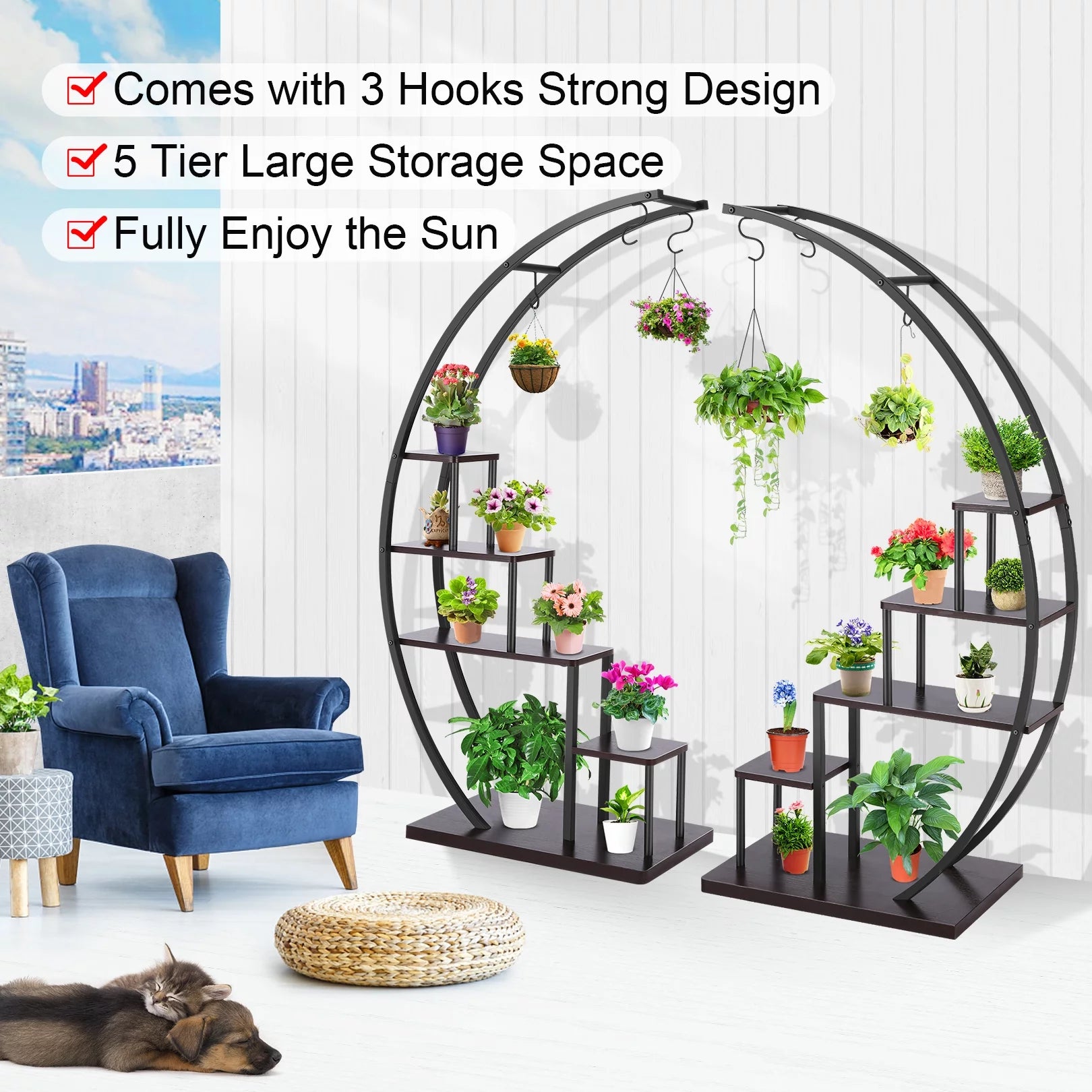 SEJOV 5 Tier Plant Stand for Indoor Plants, Half Moon Shape Plant Shelf with Hanging Hook, Multiple Planter Display for Home Decor, Living Room, Balcony, and Bedroom