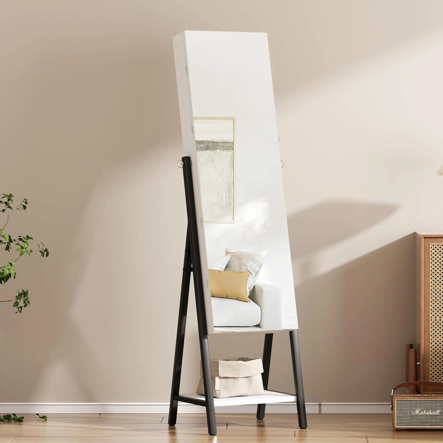 Full Mirror with Stand, Cheval Mirror Cabinet, Full Length Dressing Floor Mirror with LED Light Belt, White