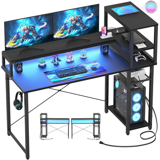 Gaming Desk with Power Outlet and USB Ports, 47 Inch Ergonomic Computer Desk with LED Strip and Monitor Stand, Reversible Small Desk Office Desk Writing Desk with Storage Shelf, Black