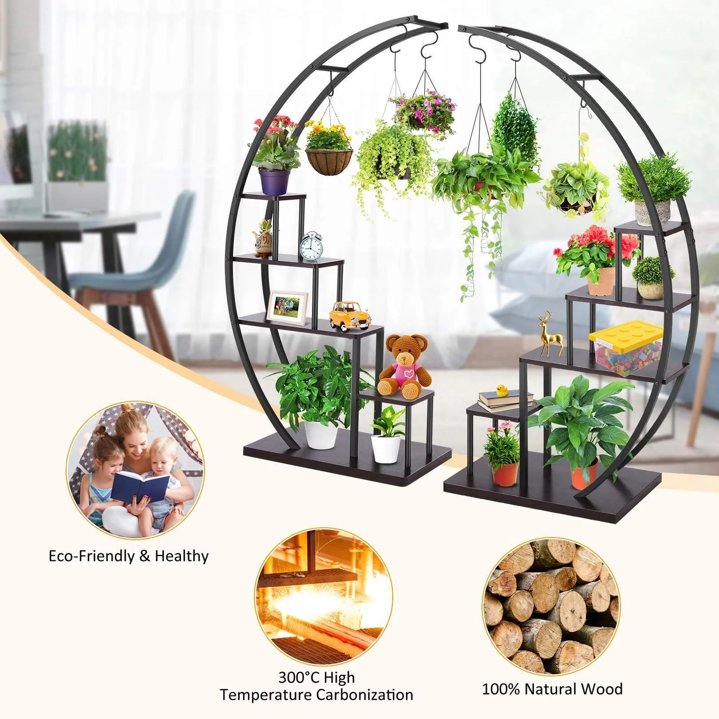 SEJOV 5 Tier Plant Stand for Indoor Plants, Half Moon Shape Plant Shelf with Hanging Hook, Multiple Planter Display for Home Decor, Living Room, Balcony, and Bedroom