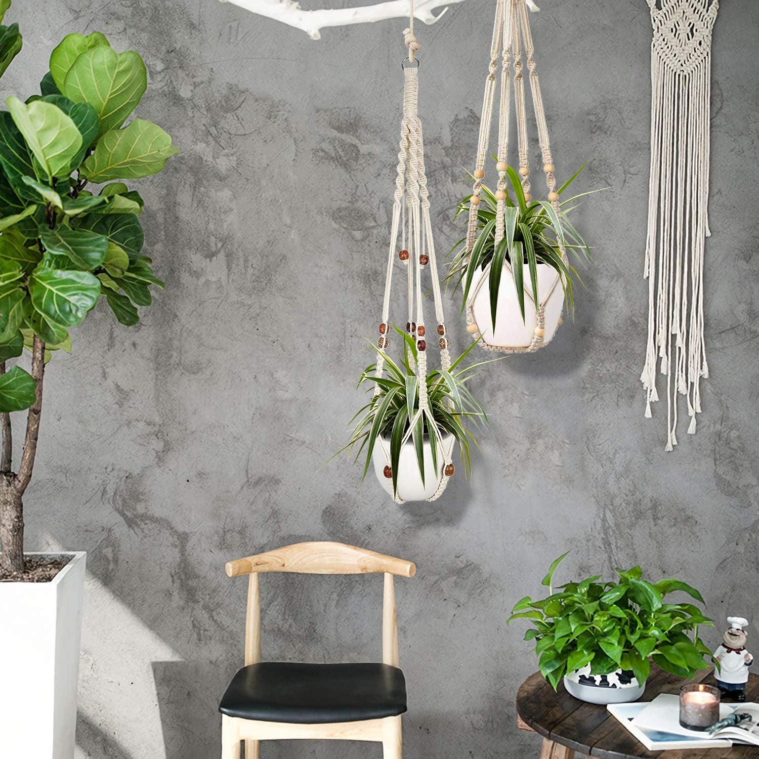 2 Packs Macrame Plant Hangers, Indoor Hanging Planter Basket with Wood Beads Decorative Macrame Pot Hanger for Home Decor with 4 Hooks