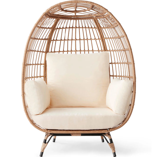 Wicker Egg Chair Oversized Indoor Outdoor Patio Lounger W/ Steel Frame, 440Lb Capacity - Black