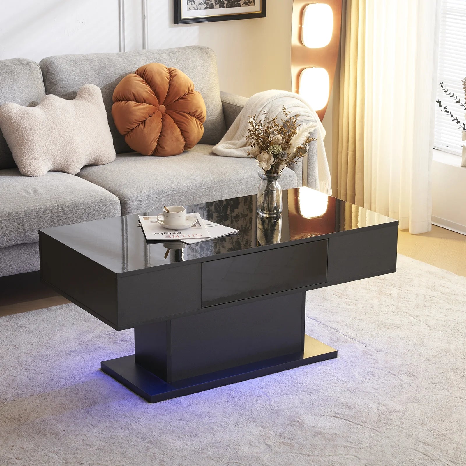 LED Coffee Table with 1 Drawers, High Gloss Cocktail Table Accent Furniture for Living Room 43.3" White
