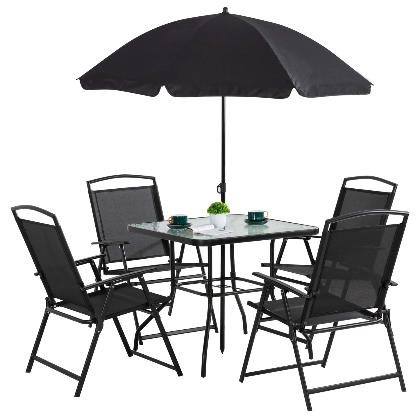 6 Piece Patio Dining Set with Umbrella, Outdoor Garden Set with 4 Folding Chairs and Tempered Glass Top Dining Table Black