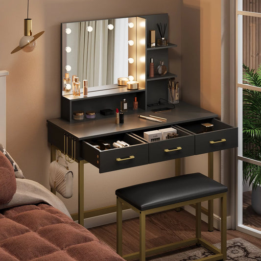 Vanity Set with Lighted Mirror & Power Outlet, Makeup Table with Drawers & Cushioned Stool for Bedroom in in Black
