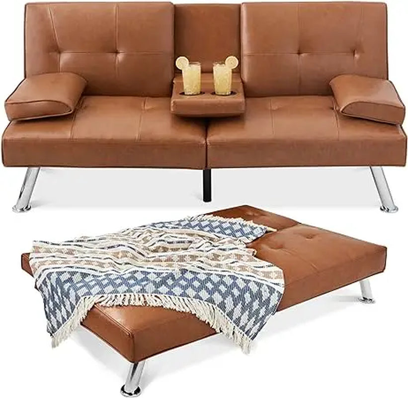 Faux Leather Upholstered Modern Convertible Futon, Adjustable Folding Sofa Bed, Guest Bed W/Removable Armrests
